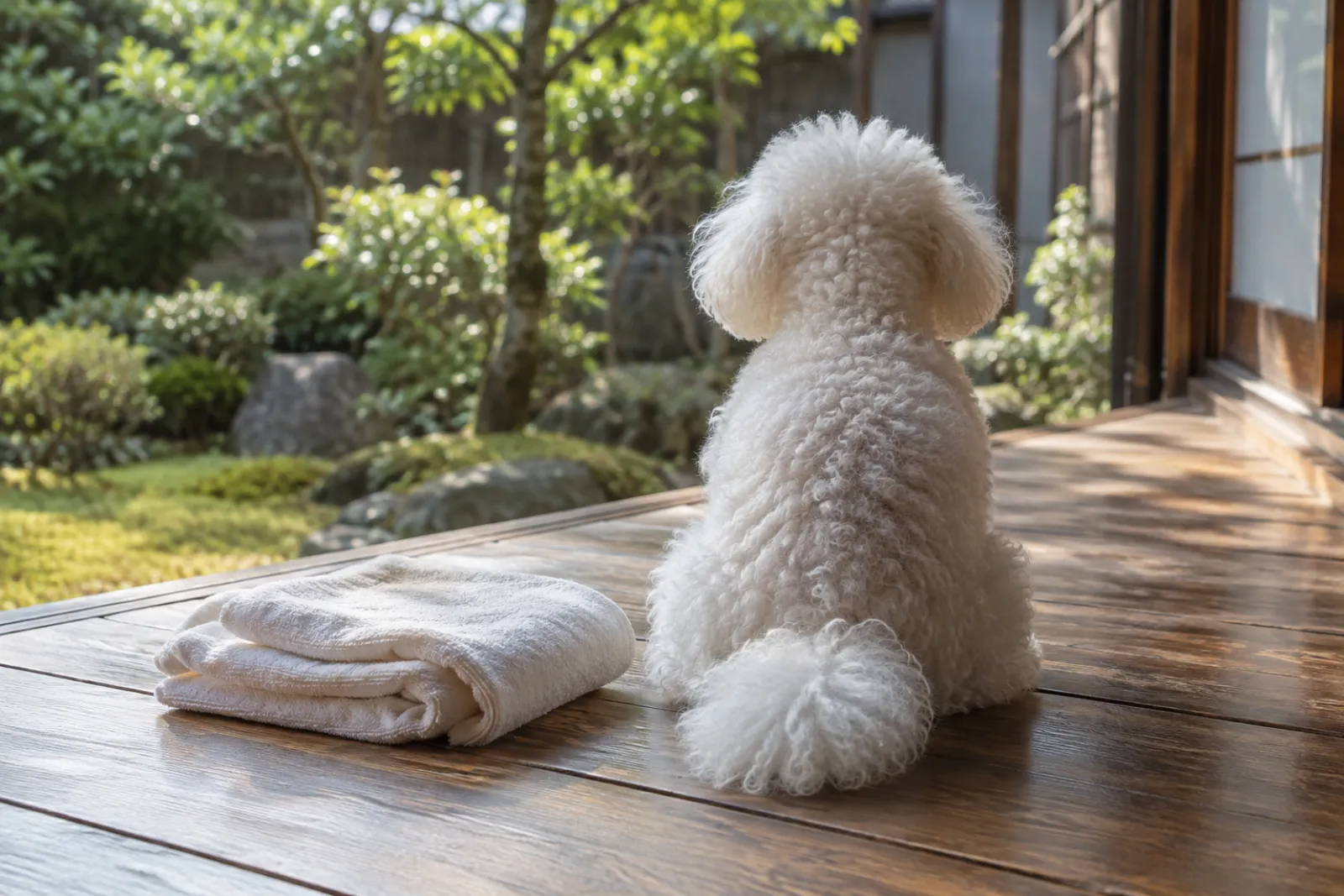 縁側でタオルの横にすわってくつろぐ白い犬の後ろ姿